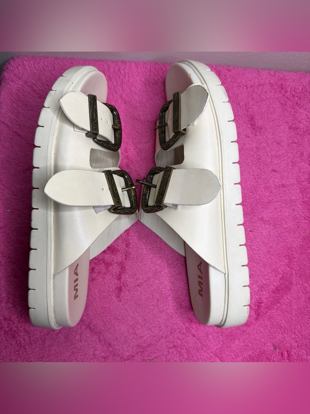 MIA White Double-Strap Slide Sandals with Antiqued Buckles - Picture 3 of 4